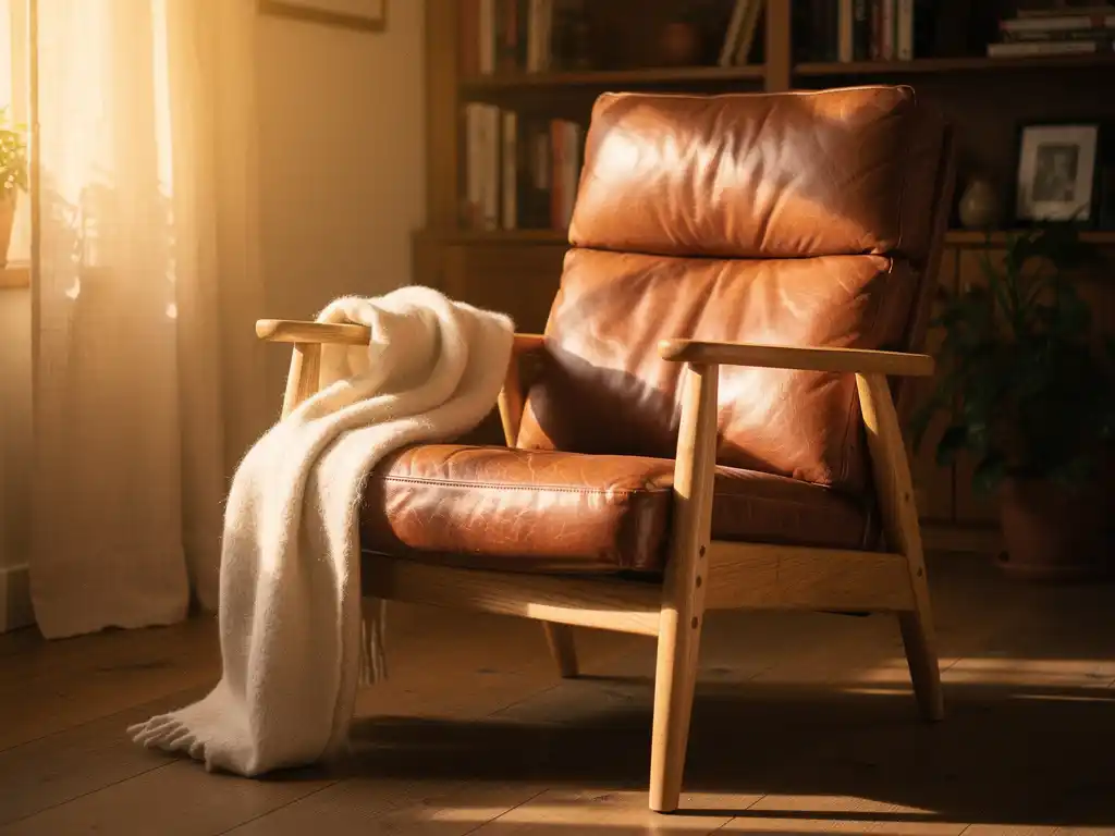 Cognac leren fauteuil met lendenkussen en eikenhouten details in een Nederlandse woonkamer met middaglicht.