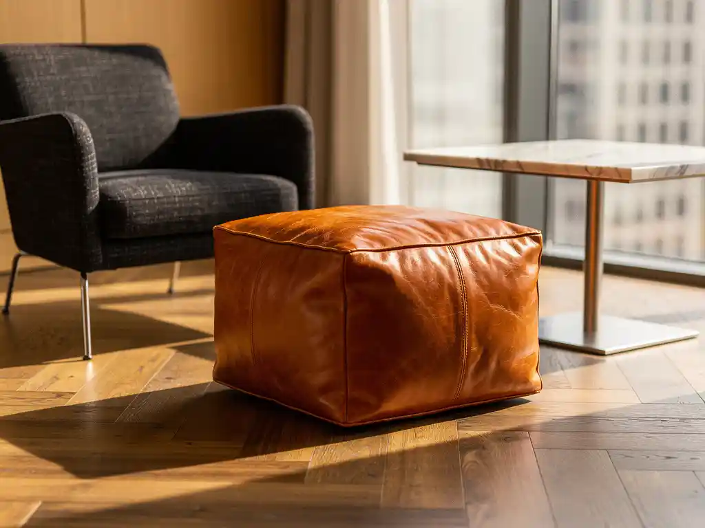 Cognac leren pouf op visgraatparket in een stijlvolle corporate lounge met marmeren bijzettafel en wollen fauteuil.
