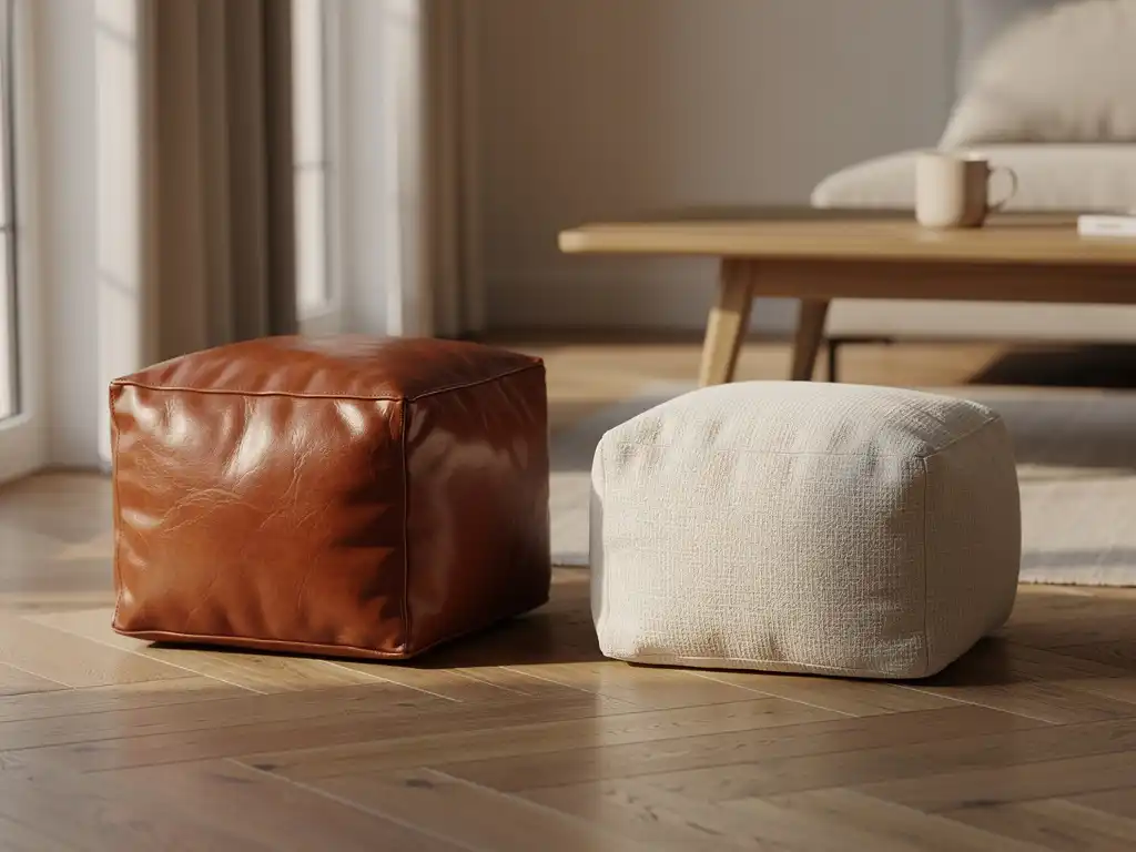 Cognacbruine leren poef naast een linnen poef in naturelcrème op een eiken visgraatparket in een Nederlandse woonkamer.