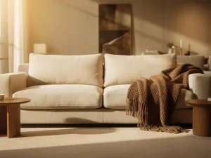 Linnen bank met wollen plaid en houten bijzettafels in een warme showroom met zacht middaglicht.