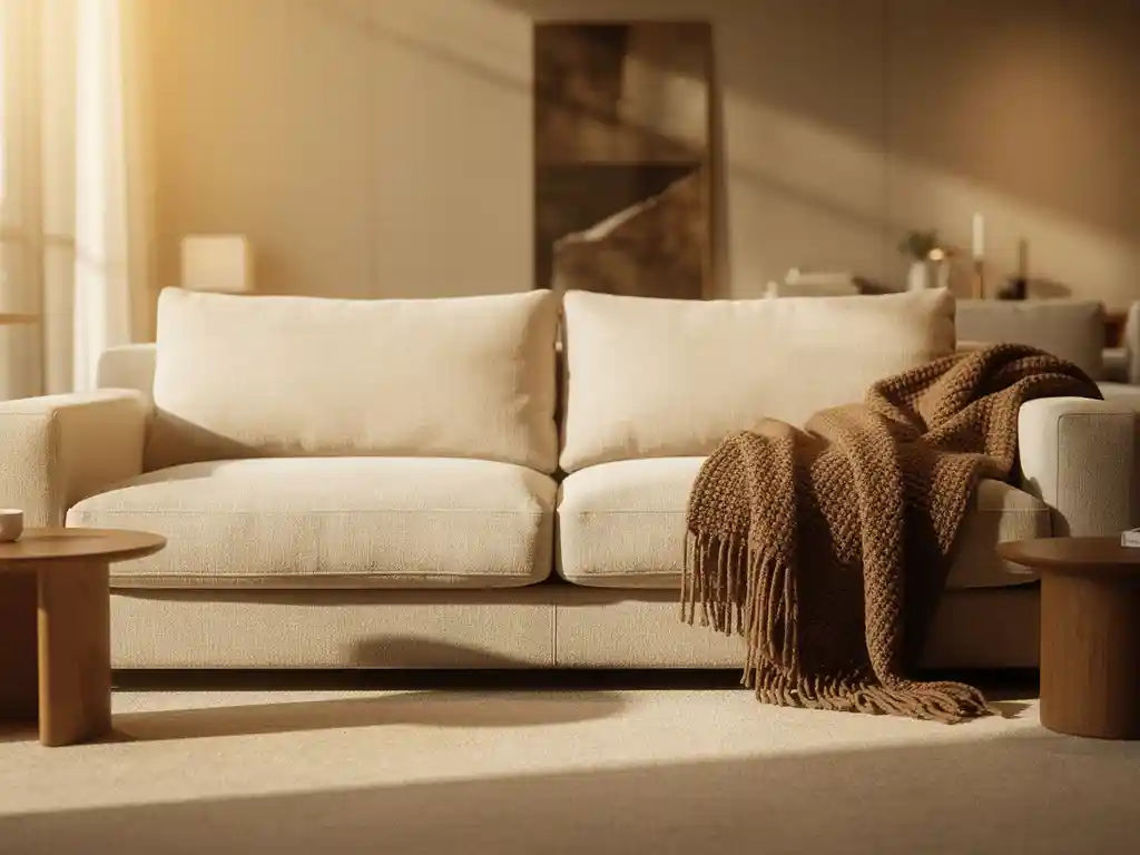 Linnen bank met wollen plaid en houten bijzettafels in een warme showroom met zacht middaglicht.