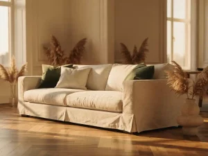 Luxueuze linnen sofa met volle kussens in een elegante Nederlandse woonkamer, warm eiken visgraatparket, pampasgras en keramische vaas.