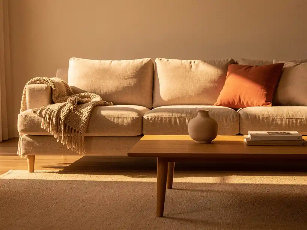 Linnen bank met diepe kussens en houten poten in warme woonkamer met terracotta tinten, geweven plaid en keramieken vaas.