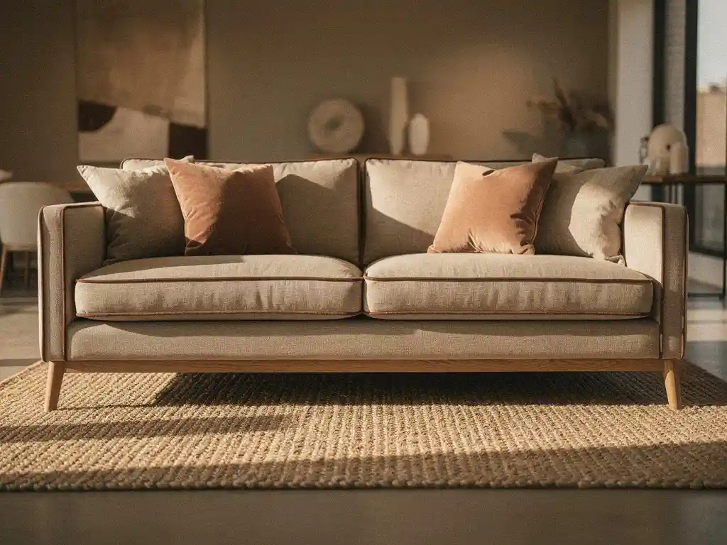 Linnen bank met natuurhouten poten en gelaagde aardetinten kussens op een gevlochten jutevloerkleed in een warmgelit interieur.
