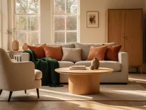 Linnen bank in Nederlandse woonkamer met ronde eiken salontafel, bouclé fauteuil en houten kast in terracotta en groen.