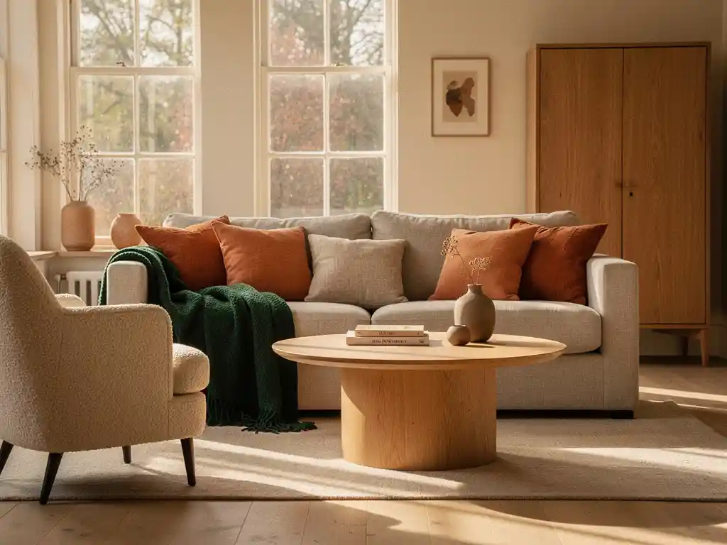 Linnen bank in Nederlandse woonkamer met ronde eiken salontafel, bouclé fauteuil en houten kast in terracotta en groen.