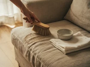 Linnen bank voorzichtig geborsteld met een natuurlijke borstel, met reinigingsmiddel en katoenen doek op het kussen, in een warme woonkamer.