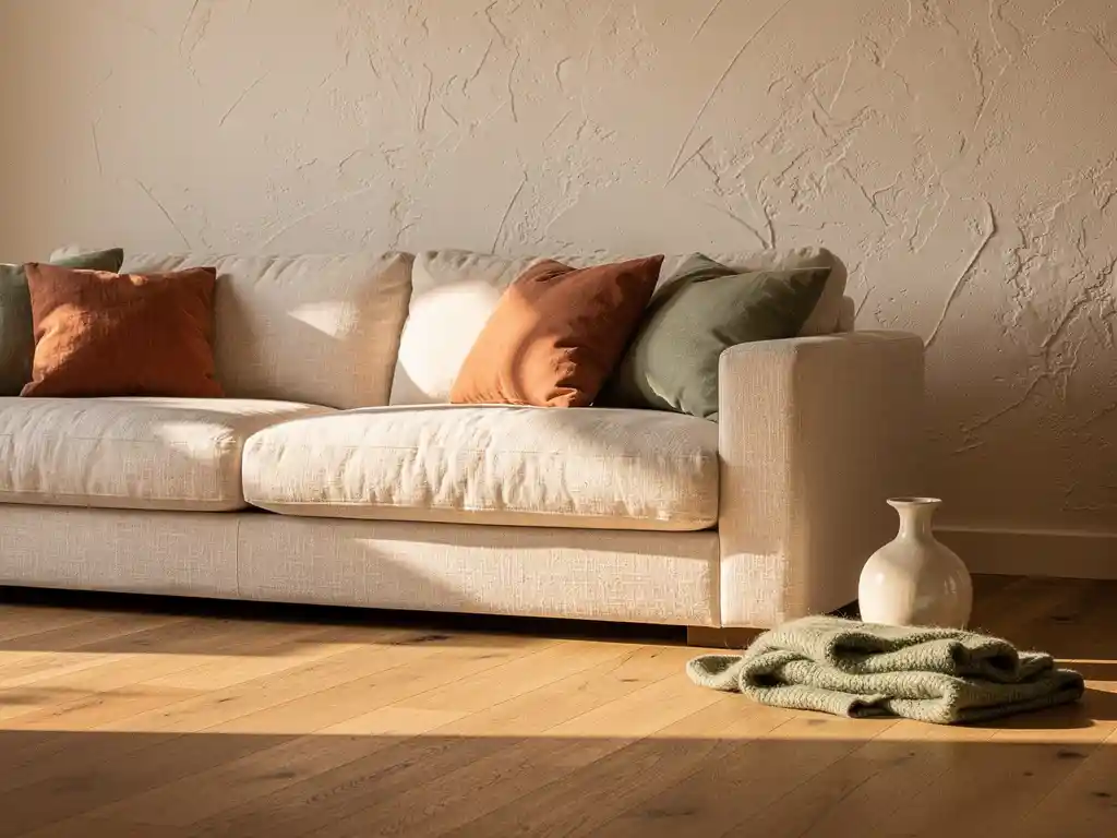 Luxueuze linnen bank met zachte kussens in een Nederlandse woonkamer met eiken vloer, terracotta tinten en gouden middaglicht.