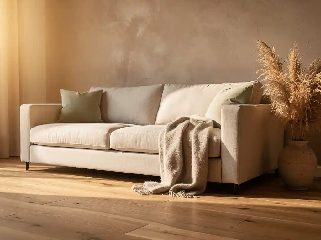 Luxueuze linnen bank met diepe kussens in woonkamer met eiken vloer, wolplaid en pampagras in warm middaglicht.