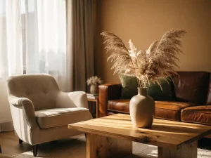 Linnen fauteuil en fluwelen bank in een Nederlandse woonkamer met eikenhouten salontafel, pampasgras en zacht middaglicht.