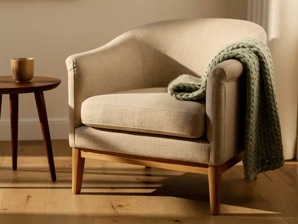 Linnen fauteuil met houten poten en wollen plaid in warme woonkamerhoek met keramieken kopje en zacht middaglicht.