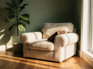 Linnen fauteuil in zonnige woonkamerhoek met leren boek, fiddle-leaf fig en warme eikenhouten vloer in middaglicht.