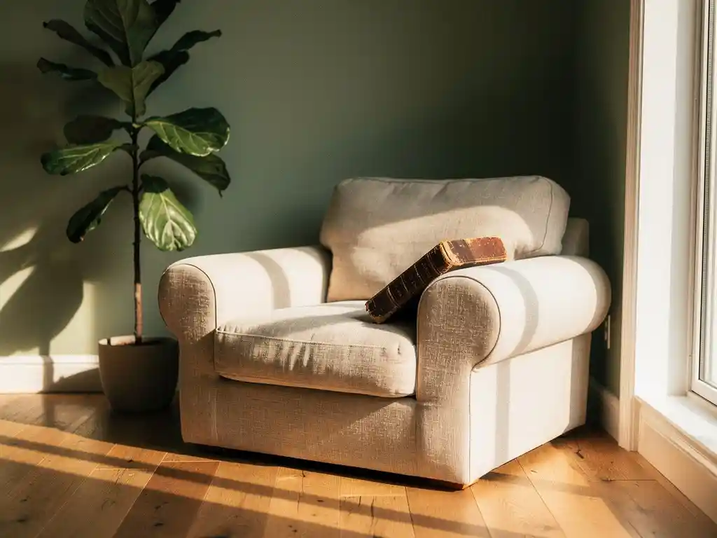 Linnen fauteuil in zonnige woonkamerhoek met leren boek, fiddle-leaf fig en warme eikenhouten vloer in middaglicht.