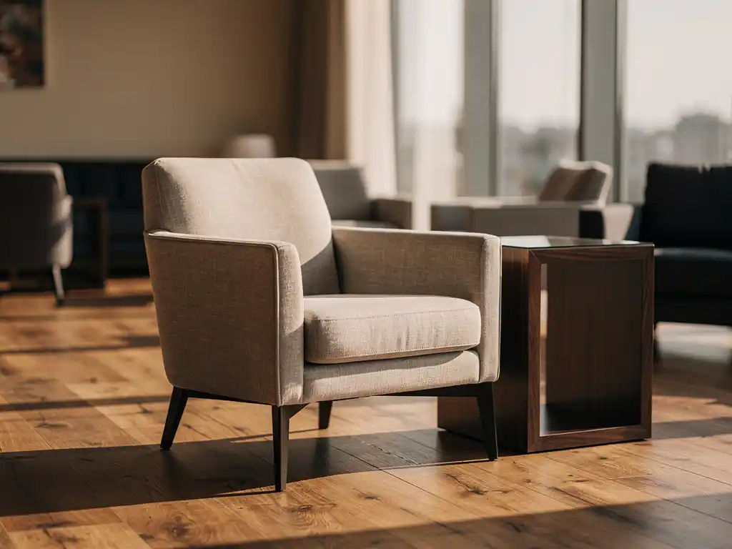 Linnen fauteuil op eiken vloer in zakelijke lounge, met walnoten bijzettafel en zacht middaglicht door hoge ramen.