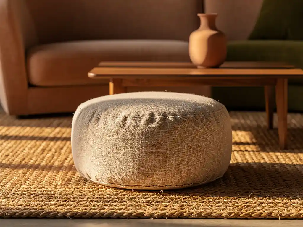 Ronde linnen pouf op een naturel jutemat in een warme woonkamer met gebogen bank, houten salontafel en keramische vaas in aardetinten.