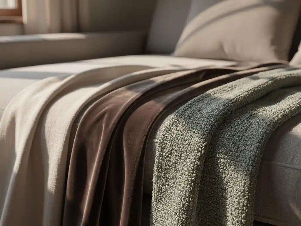 Drie stoffen stalen op een luxe bank: zacht linnen, fluweel en bouclé in taupe, ivoor en salie groen, in warm middaglicht.