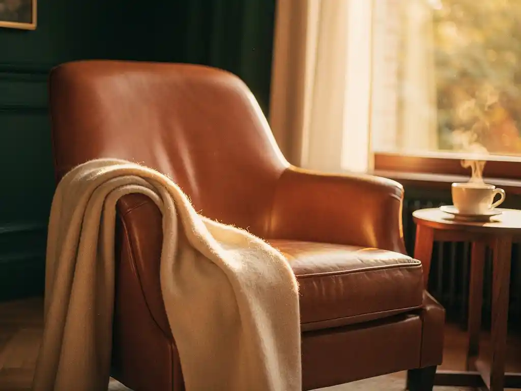 Cognac leren fauteuil met wollen plaid bij zonnig raam, dampende kop op bijzettafel, warme herfsttinten in zacht middaglicht.