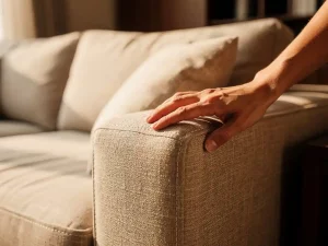 Hand die de stiksels en kussenkwaliteit van een luxe linnen bank in warme zandtinten onderzoekt bij middaglicht.
