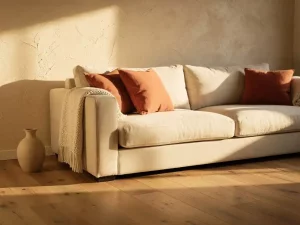Linnen bank met bolle kussens in een woonkamer met eiken vloer, pleisterwand, keramische vaas en geweven plaid in warme ivoor- en terracottatinten.
