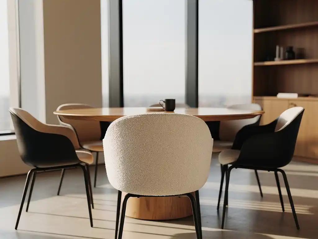Moderne kantoorinterieur met ronde eiken tafel, bouclé stoel en matzwarte stoel in zacht middaglicht.