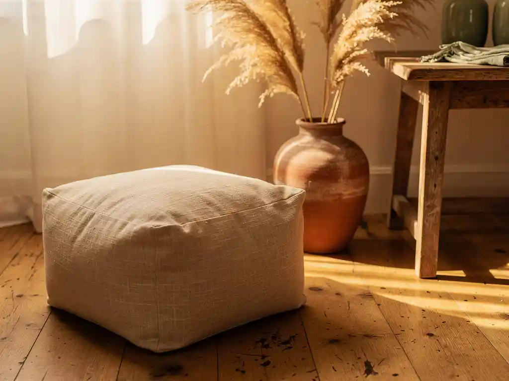 Naturelle linnen pouf op verweerde eiken plankvloer naast houten bijzettafel met pampagras in aardewerken vaas, warm middaglicht.