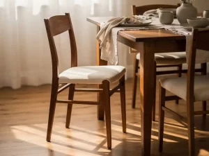 Niet-bijpassende eetkamerstoel naast een gestileerde eiken eettafel met linnen servetten en keramisch serviesgoed in warm middaglicht.