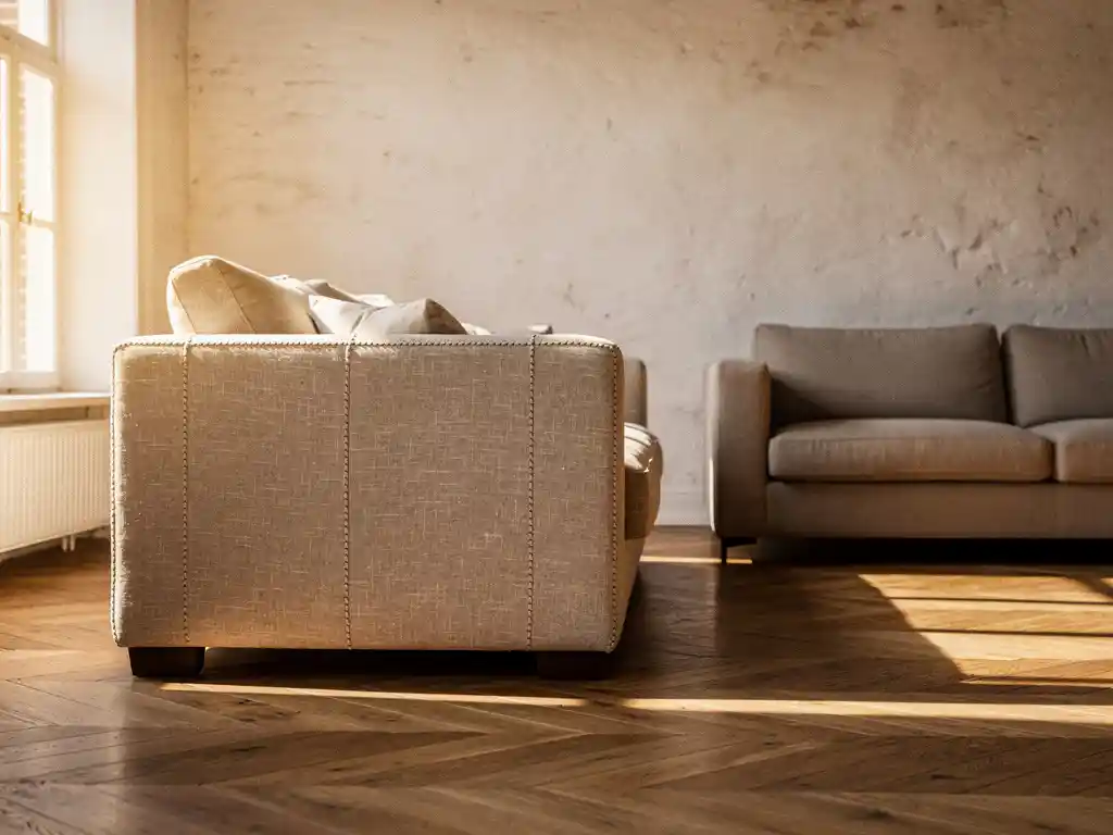 Op maat gestoffeerde linnen bank naast showroombank op visgraateikenhouten vloer in zonnig Nederlands interieur.