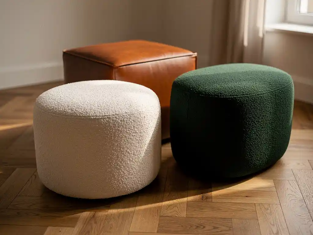 Collectie ronde, vierkante en ovale poefs in bouclé en leer op eiken visgraatparket, in tinten ivoor, cognac en bosgroen.