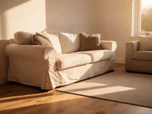 Versleten linnen bank met vervaagde kussens naast een nieuwe moderne bank in een Nederlandse woonkamer met eiken vloer en warm middaglicht.