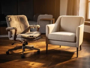 Versleten kantoorstoel met gerafelde armleuningen naast een sierlijke nieuwe loungestoel in linnen, op een eiken visgraatparket in warm verlicht interieur.