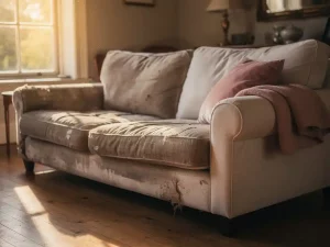 Versleten, doorgezakte bank met vervaagd stof naast een sierlijke nieuwe sofa in linnen tinten, badend in warm middaglicht.