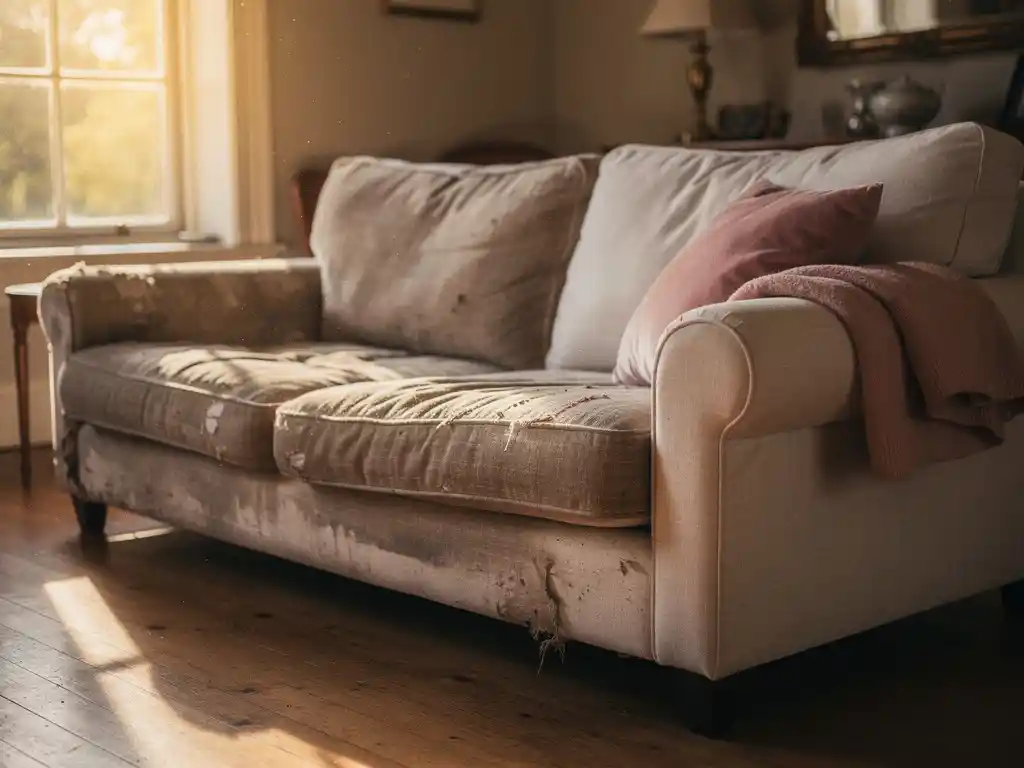 Versleten, doorgezakte bank met vervaagd stof naast een sierlijke nieuwe sofa in linnen tinten, badend in warm middaglicht.
