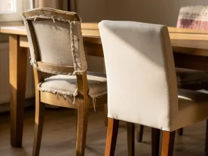 Versleten eetkamerstoel met rafelige bekleding naast een nieuwe gestoffeerde stoel aan een eiken tafel in zacht ochtendlicht.