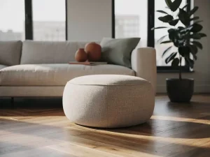 Ronde terracotta poef naast linnen bank op visgraat eiken vloer in lichte, professionele interieurstijl.