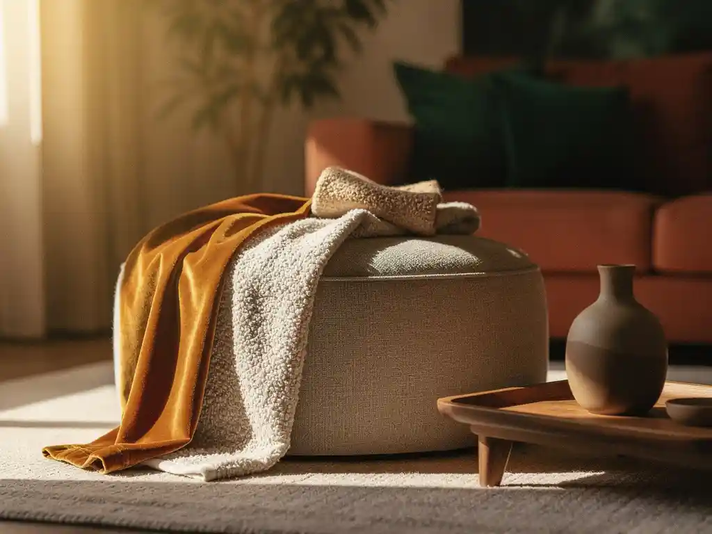 Luxueuze pouffe bekleed met velvet, bouclé en linnen stoffen in ivoor en terracotta tinten, houten dienblad met keramisch vaasje, warm middaglicht.