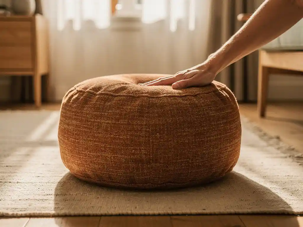 Ronde stoffen poef in terracotta en crème tinten op linnen vloerkleed, hand test stevigheid in gezellige Nederlandse woonkamer.
