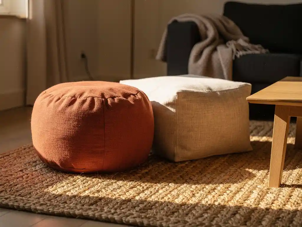 Ronde terracotta poef en vierkante linnen poef op een juten vloerkleed in een Nederlandse woonkamer met eiken salontafel.