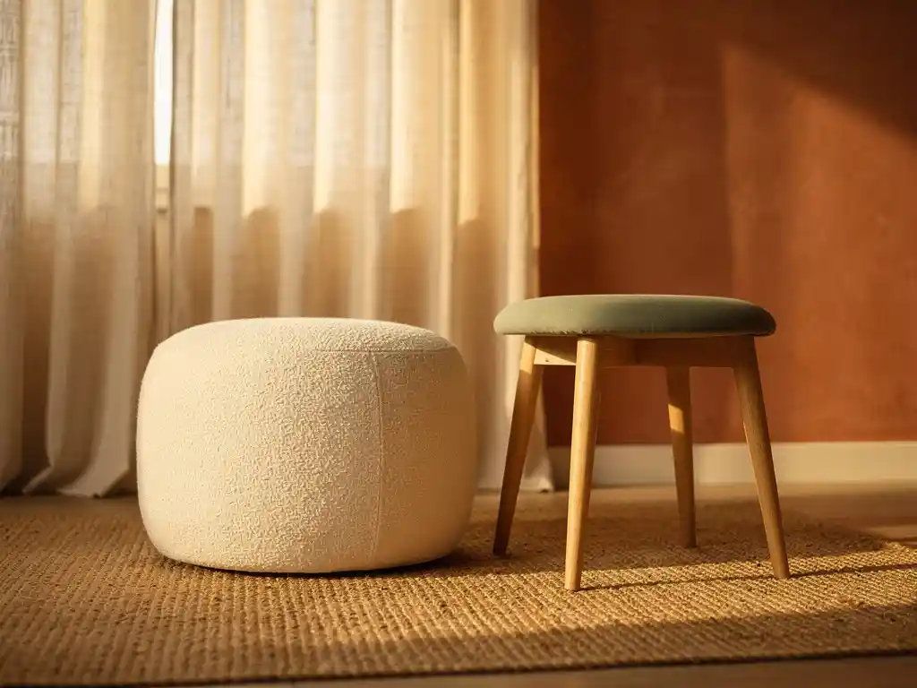 Ronde stoffen pouf en houten hocker op jute vloerkleed in Nederlandse woonkamer met linnen gordijnen en terracotta tinten.