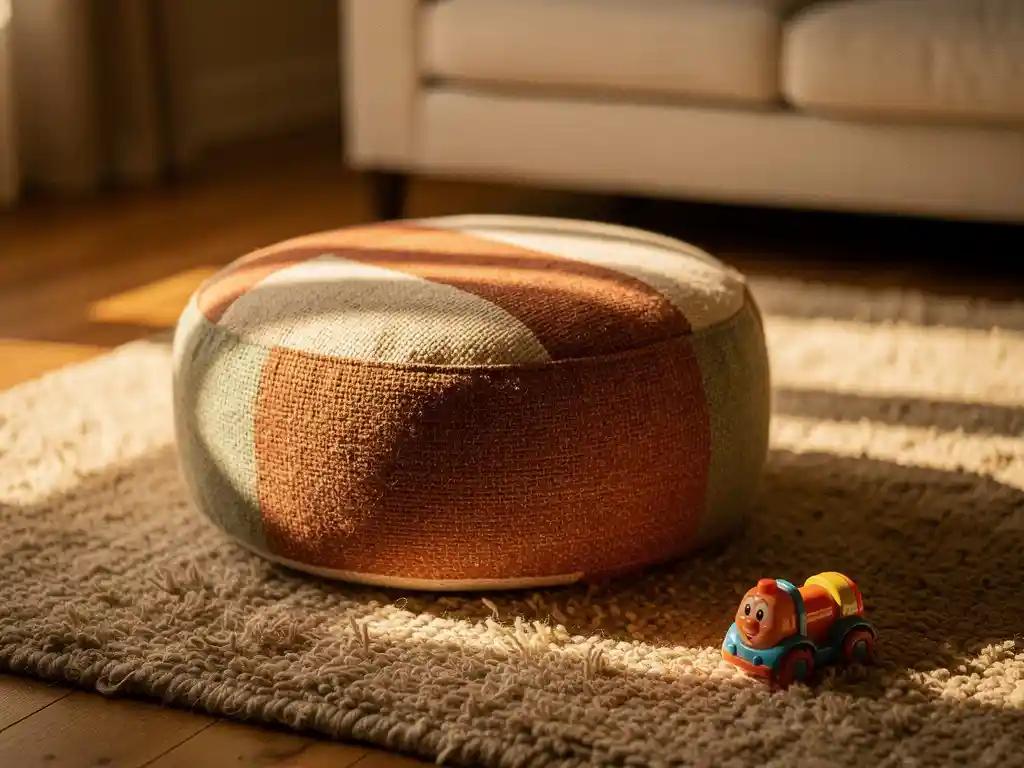 Ronde terracotta poef op een wollen vloerkleed met kleurrijk kinderspeelgoed ernaast, in een zonnige woonkamer met eiken vloer.