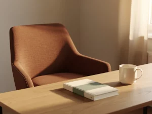 Cognackleurige stoffen fauteuil aan een houten bureau met notitieboek en keramische mok, warm middaglicht vanuit een hoog raam.