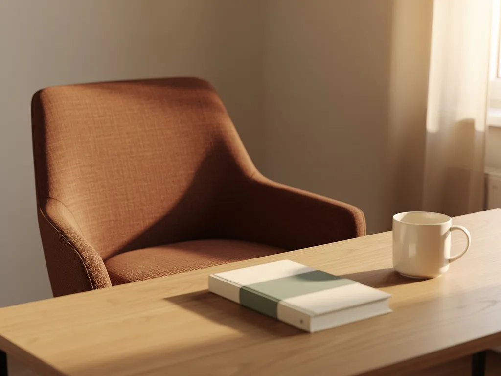 Cognackleurige stoffen fauteuil aan een houten bureau met notitieboek en keramische mok, warm middaglicht vanuit een hoog raam.