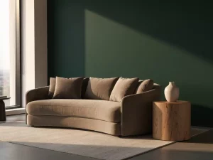 Elegante receptieruimte met gebogen linnen bank in taupe, donkergroene accentmuur en eiken bijzettafel met keramische vaas.