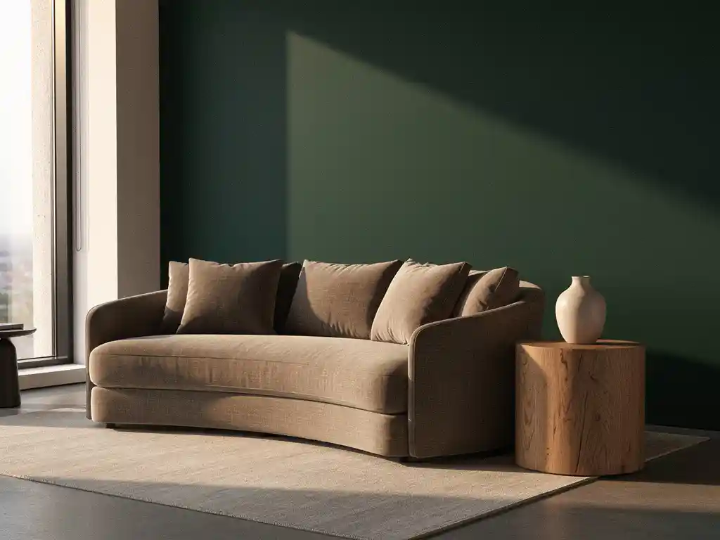 Elegante receptieruimte met gebogen linnen bank in taupe, donkergroene accentmuur en eiken bijzettafel met keramische vaas.