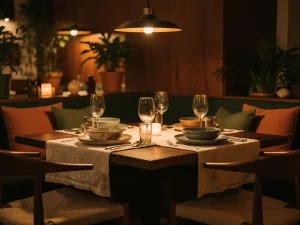 Sfeervol restaurantinterieur met houten meubels, linnen servetten en keramisch servies in warme amber- en bosgroentinten.