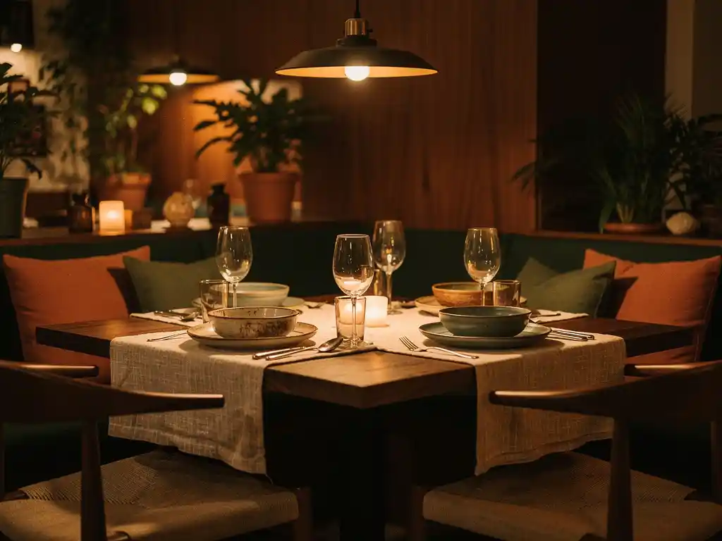 Sfeervol restaurantinterieur met houten meubels, linnen servetten en keramisch servies in warme amber- en bosgroentinten.