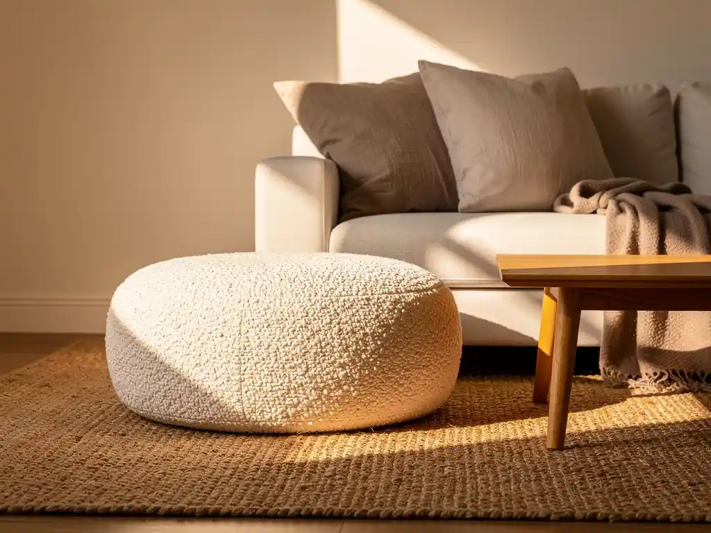 Ronde bouclé pouf in crèmewit op een naturel jute vloerkleed, naast een houten salontafel in een gezellige woonkamer met warm middaglicht.