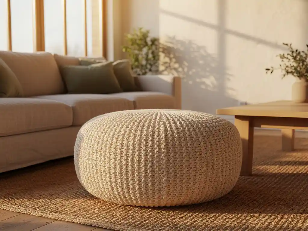 Ronde bouclé poef in warm ivoor op een juten vloerkleed in een Hollandse woonkamer met linnen bank en houten salontafel.