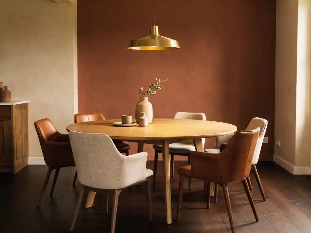 Ronde eiken eettafel met gemixte stoelen in linnen en cognackleurig leer, verlicht door hanglamp in warm Nederlands interieur.