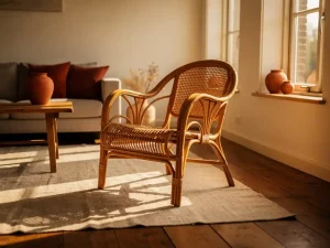 Vintage rotan fauteuil met gebogen silhouet op linnen vloerkleed in zonnige Nederlandse woonkamer met terracotta accenten.