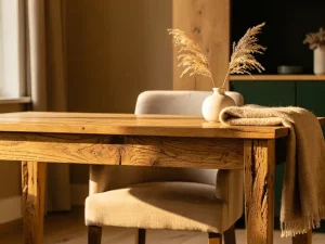 Ruw eikenhouten bureau met zichtbare houtnerf in een Hollands interieur, met linnen stoel, pampagras en warme natuurtinten.